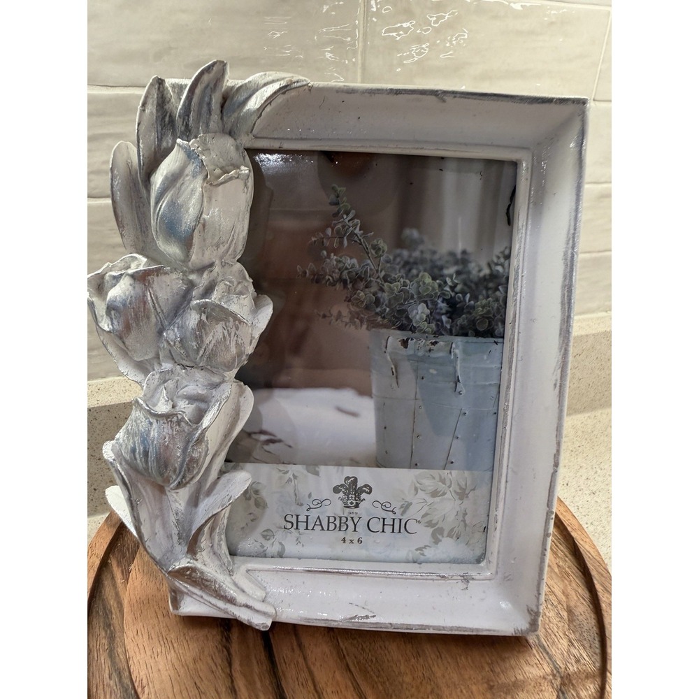 Shabby Chic Azzure Home 4x6 Floral Tulip Picture Frame White Silver AF4718